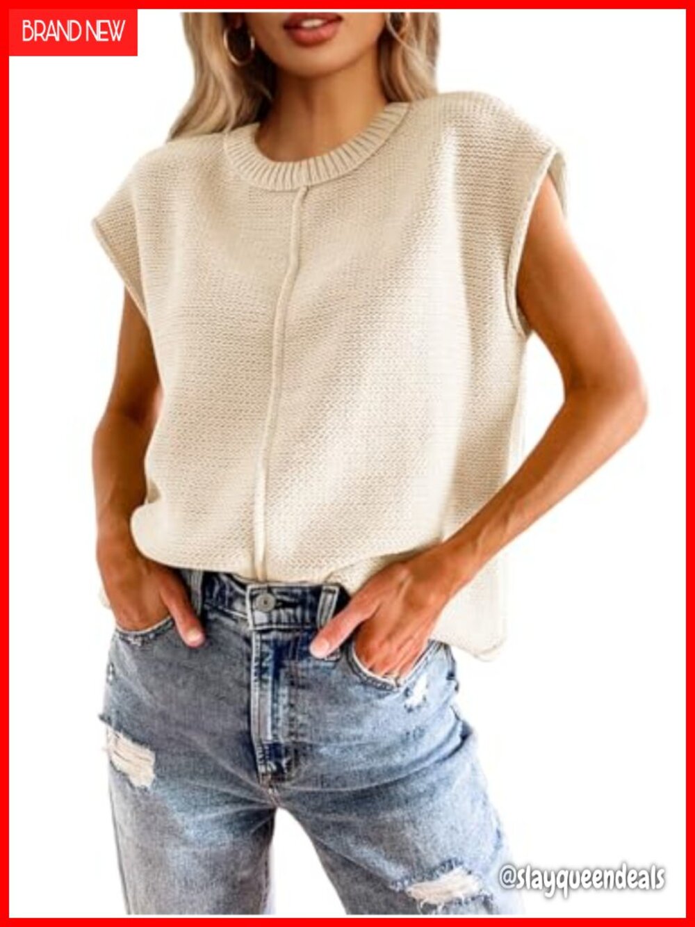 Cap Sleeve Loose Knit Sweater Vest Crewneck Pullover Top